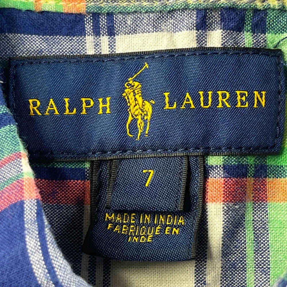 Ralph Lauren Boys Size 7 Plaid Short Sleeve Button Down Shirt Blue Green Orange